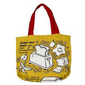 Trader Joe’s Toast Waffle Humor Canvas Tote Bag Yellow Red Handles Made in USA